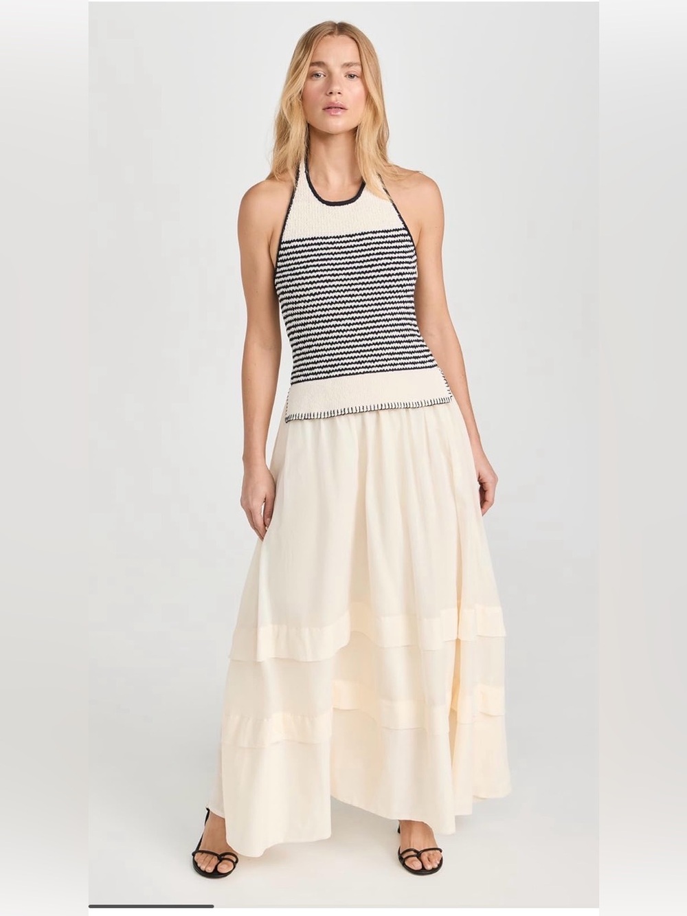 Tanya Taylor Cream Halter Maxi Dress with Black Striped Knit Bodice